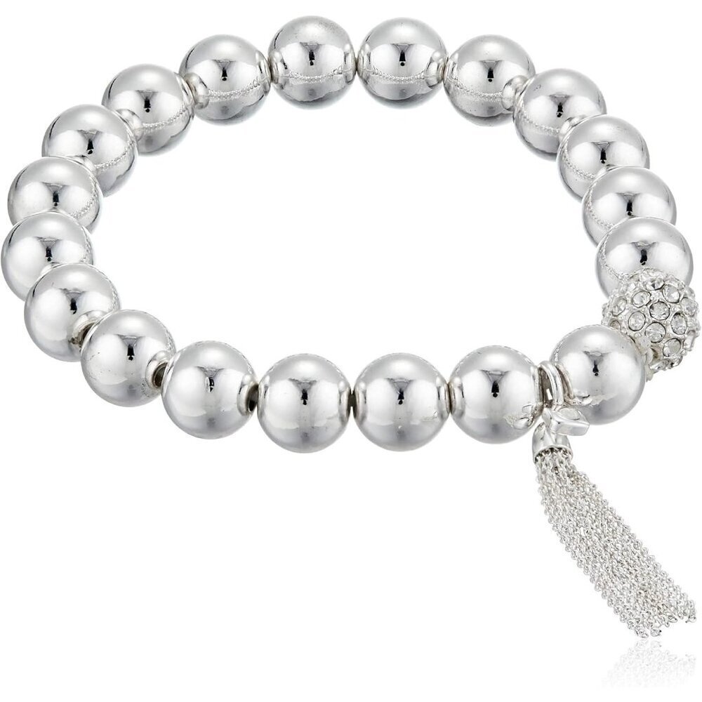 Women's Silver Tone Crystal Tassel No Clasp Glass Base Stretch Bracelet